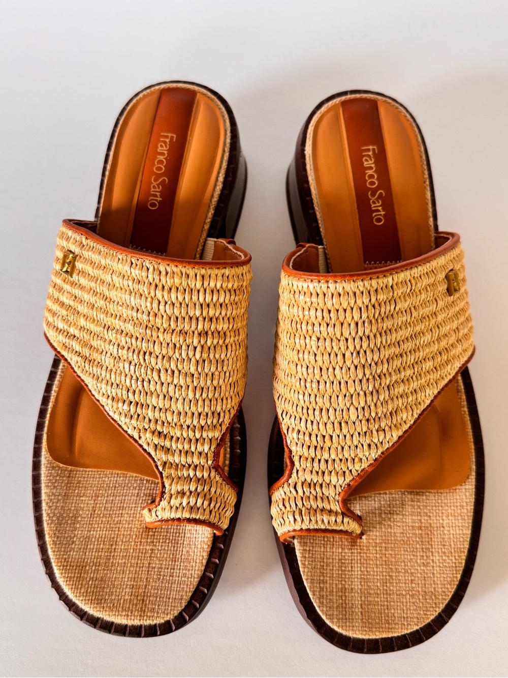 Franco Sarto Raffia Toe Loop Sandals Block Heel Natural Tan Size 8